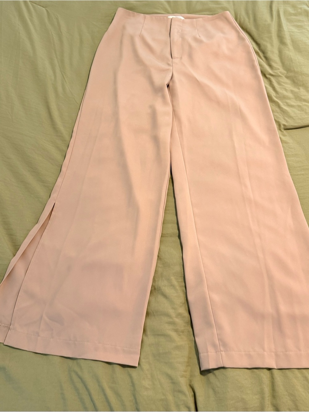 Wide Leg Tan Split-Hem Pants